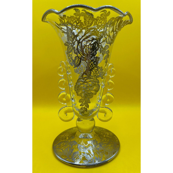 Vintage 1940s Heisey Glass Lariat Crimped Top Vase With Silver Overlay Roses